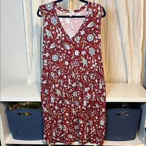 LOFT Red and White Floral Midi Dress, Size L